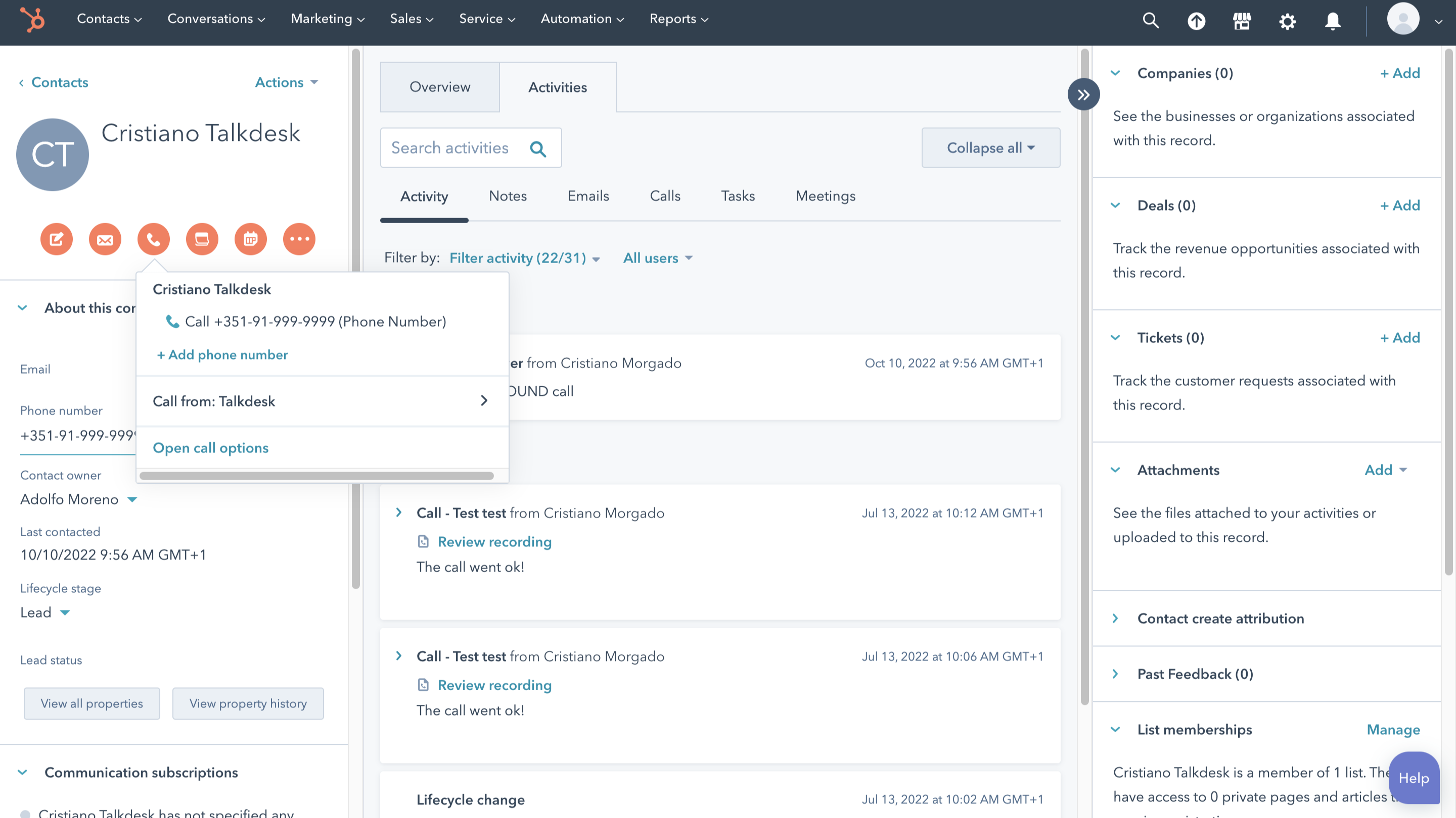 Launching a call from HubSpot through Talkdesk Connector